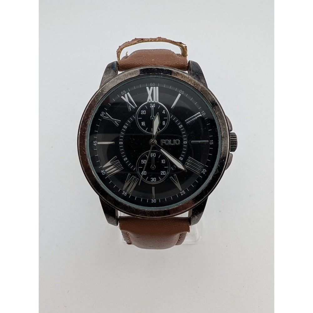 Folio Men's Watch 44mm Black Case Brown Faux Leather Band- New Battery